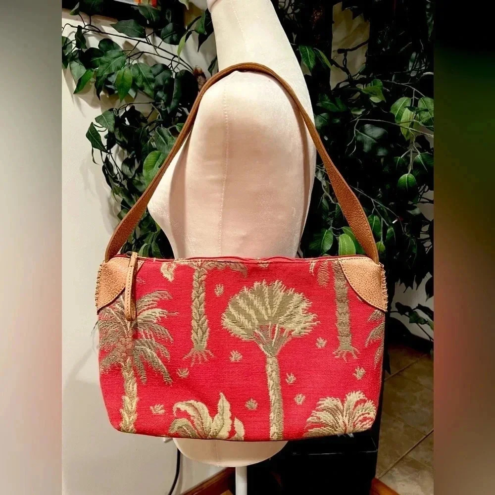 Tommy Bahama Red Palm Tree Jacquard Shoulder Bag with Brown Leather Trim